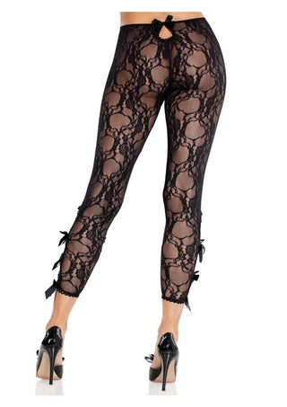 Leg Avenue Scalloped Trimmed Floral Lace Footless Capri Tights with Keyhole Bow Detail