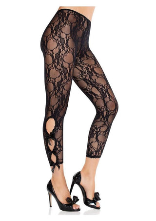 Leg Avenue Scalloped Trimmed Floral Lace Footless Capri Tights with Keyhole Bow Detail - Black - One Size