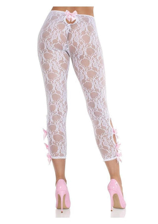 Leg Avenue Scalloped Trimmed Floral Lace Footless Capri Tights with Keyhole Bow Detail