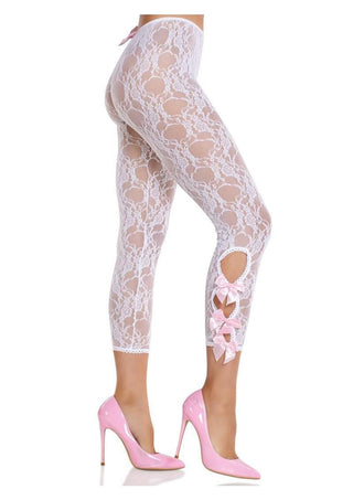 Leg Avenue Scalloped Trimmed Floral Lace Footless Capri Tights with Keyhole Bow Detail - White - One Size