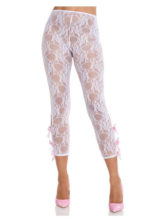 Leg Avenue Scalloped Trimmed Floral Lace Footless Capri Tights with Keyhole Bow Detail - White - One Size