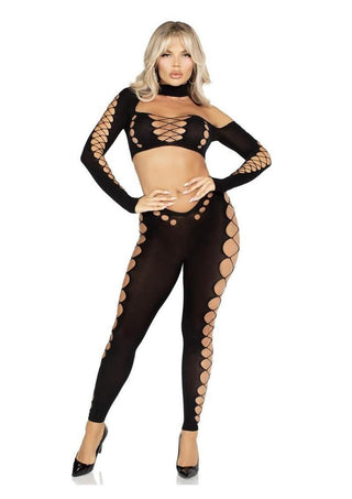 Leg Avenue Seamless Asymmetrical Cut Out Crop Top and Footless Tights