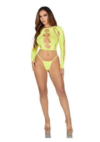 Leg Avenue Seamless Cut Out Long Sleeve Crop Top and G-String Panty