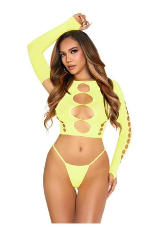 Leg Avenue Seamless Cut Out Long Sleeve Crop Top and G-String Panty - One Size