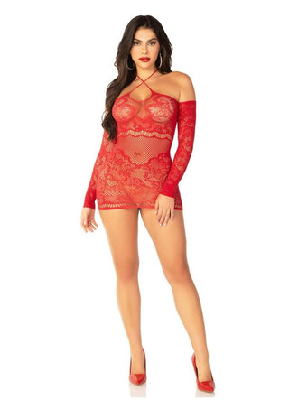 Leg Avenue Seamless Lace Net Off The Shoulder Mini Dress with Twist Halter Strap