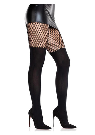 Leg Avenue Seamless Opaque Garter Illusion Tights with Net Thigh Detail - Black - One Size