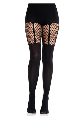 Leg Avenue Seamless Opaque Garter Illusion Tights with Net Thigh Detail