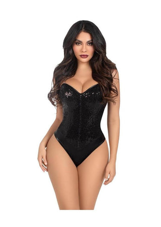 Leg Avenue Sequin Boned Snap Crotch Bodysuit with Detachable Clear Strap - Black - Large - 2 Piece