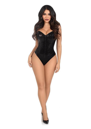 Leg Avenue Sequin Boned Snap Crotch Bodysuit with Detachable Clear Strap