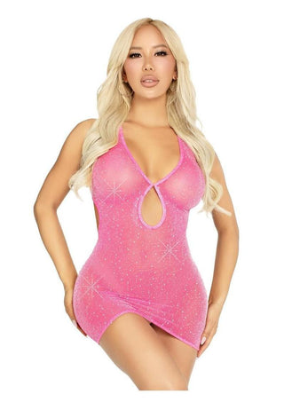 Leg Avenue Shimmer Sheer Lurex Rhinestone Keyhole Halter Dress - Neon Pink - One Size