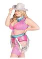 Leg Avenue Space Cowgirl Set Bandana Print Tie Front Crop Top with Fringe Trim, High Waist Bottoms with Attached Chaps, Belt with Fringe Detail, and Neck Bandana