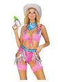 Leg Avenue Space Cowgirl Set Bandana Print Tie Front Crop Top with Fringe Trim, High Waist Bottoms with Attached Chaps, Belt with Fringe Detail, and Neck Bandana