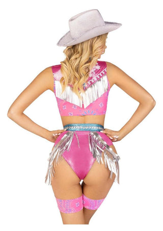 Leg Avenue Space Cowgirl Set Bandana Print Tie Front Crop Top with Fringe Trim, High Waist Bottoms with Attached Chaps, Belt with Fringe Detail, and Neck Bandana