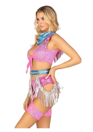 Leg Avenue Space Cowgirl Set Bandana Print Tie Front Crop Top with Fringe Trim, High Waist Bottoms with Attached Chaps, Belt with Fringe Detail, and Neck Bandana - Multicolor - XSmall - 4 Piece