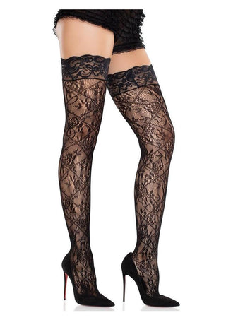 Leg Avenue Stay-Up Lace Top Cross Hatch Floral Lace Thigh Highs - Black - One Size