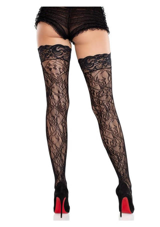 Leg Avenue Stay-Up Lace Top Cross Hatch Floral Lace Thigh Highs