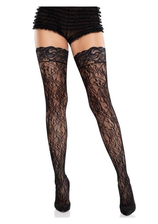 Leg Avenue Stay-Up Lace Top Cross Hatch Floral Lace Thigh Highs - Black - One Size