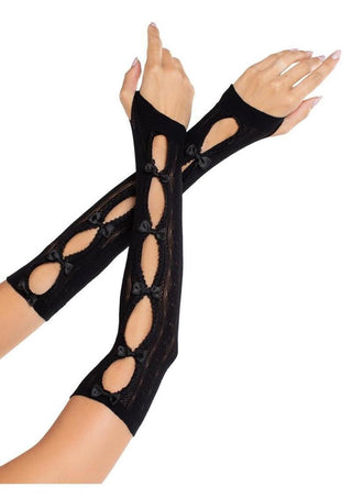 Leg Avenue Sweetheart Striped Keyhole Arm Warmers with Mini Bow Accents - Black - One Size