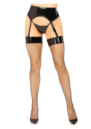 Leg Avenue Vinyl Garter Belt with Attached Fishnet Stockings and Matching G-String Panties - Black - Large/Medium - 2 Piece