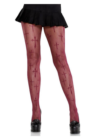 Leg Avenue Worship Me Cross Net Tights - Burgundy - One Size