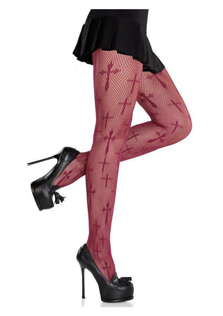 Leg Avenue Worship Me Cross Net Tights - Burgundy - One Size