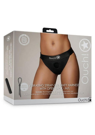 Ouch! Vibrating Strap-On Panty Harness with Open Back Rechargeable - Black - Large/Medium