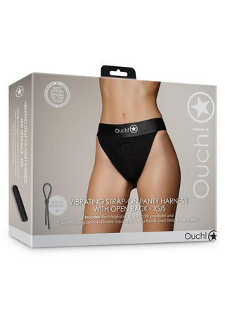 Ouch! Vibrating Strap-On Panty Harness with Open Back Rechargeable - Black - Small/XSmall