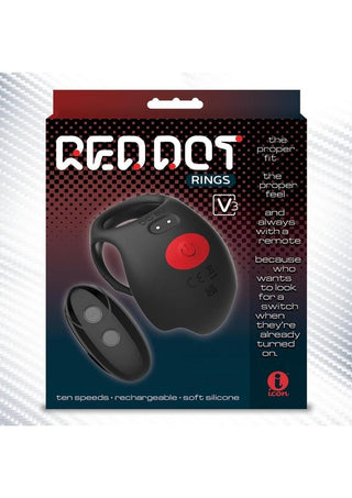 Red Dot Silicone Rechargeable Vibrating Cock Ring with Controller V3 - Black/Red