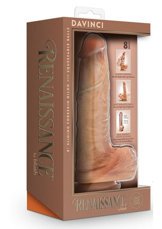 Renaissance Davinci Silicone Sliding Foreskin Dildo with Squeezable Balls - Caramel - 8in