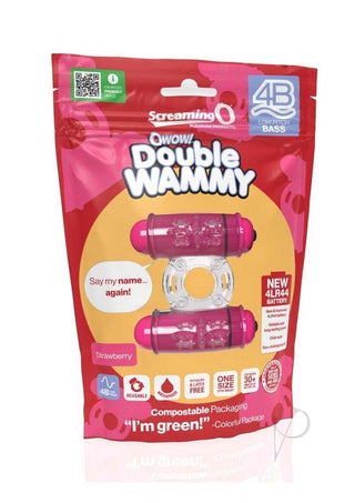 4b Double Wammy Silicone Rechargeable Dual Vibrating Couples Cock Ring - Red/Strawberry