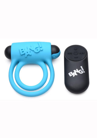 Bang! Silicone Rechargeable Cock Ring and Bullet with Remote Control - Blue