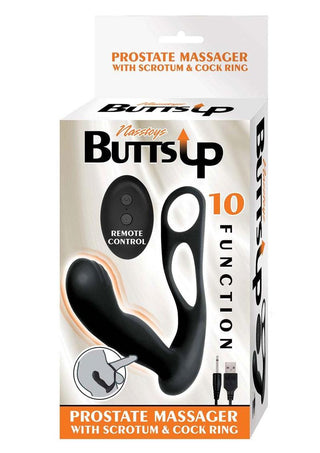 Butts Up Rechargeable Silicone Prostate Massager with Scrotum and Cock Ring - Black