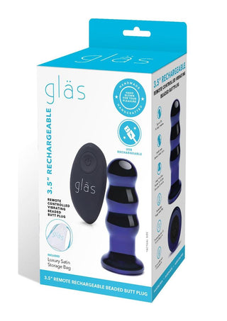 Glas Rechargeable Remote Controlled Vibrating Glass Beaded Buttplug - Blue - 3.5in