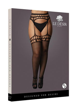 Le Desir Garterbelt Stockings with Open Design - Black - Queen