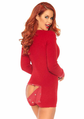 Leg Avenue Brushed Rib Romper Long Johns with Cheeky Snap Closure Back Flap - Red - Medium/Small