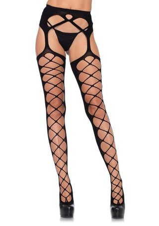 Leg Avenue Diamond Net Opaque Stockings with Attached Garterbelt - Black - One Size