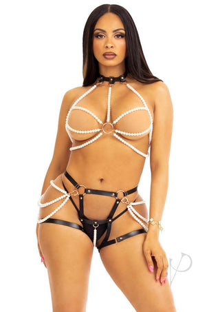 Leg Avenue Faux Pearl Multi Strand Halter Harness with O-Ring Detail and Convertible Vegan Leather Butt Harness - Black/White - Medium - 2 Piece