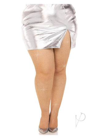 Leg Avenue Fishnet Crystalized Tights with Multi Sized Iridescent Rhinestones - Caramel - Plus Size