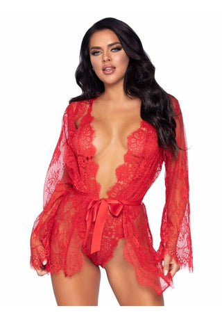 Leg Avenue Floral Lace Teddy with Adjustable Straps and Cheeky Thong Back Matching Lace Robe with Scalloped Trim and Satin Tie - Red - Small