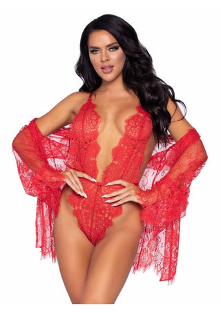 Leg Avenue Floral Lace Teddy with Adjustable Straps and Cheeky Thong Back Matching Lace Robe with Scalloped Trim and Satin Tie - Red - Small