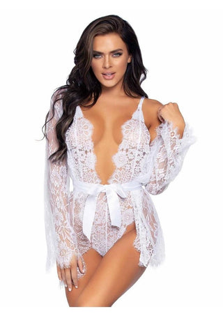 Leg Avenue Floral Lace Teddy with Adjustable Straps and Cheeky Thong Back Matching Lace Robe with Scalloped Trim and Satin Tie - White - Small