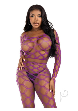 Leg Avenue Hardcore Net Crop Top and Footless Tights - Violet - One Size - 2 Piece