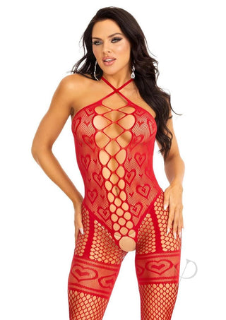 Leg Avenue Heart Net Halter Bodystocking with Faux Lace Up Front and Leg Garter Detail - Red - One Size