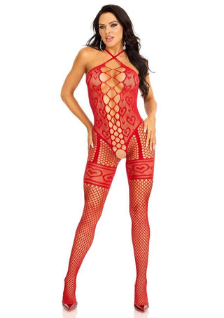 Leg Avenue Heart Net Halter Bodystocking with Faux Lace Up Front and Leg Garter Detail