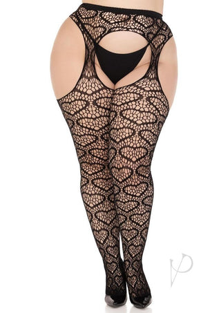 Leg Avenue Heart Net Suspender Hose - Black - Queen/XLarge/XXLarge