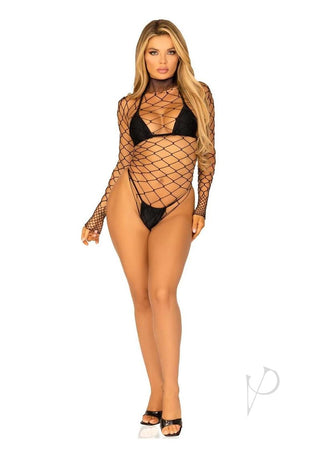 Leg Avenue High Neck Fence Net Long Sleeved Bodysuit with Snap Crotch Thong Panty - Black - One Size