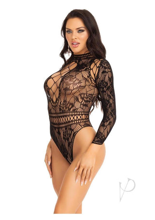 Leg Avenue High Neck Lace and Net Keyhole Back Bodysuit - Black - One Size