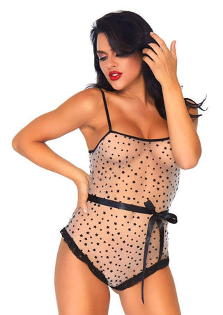 Leg Avenue Lace Trimmed Sheer Flocked Star Bodysuit with Snap Crotch and Ribbon Tie - Black/White - Small - 2 Piece