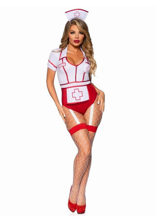 Leg Avenue Nurse Feelgood Snap Crotch Garter Bodysuit with Attached Apron and Hat Headband