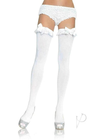 Leg Avenue Nylon Over The Knee with Ruffle Bow - White - One Size